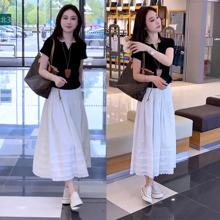 2025超火一套夏装设计感时尚收腰T恤女高腰显瘦休闲半身裙两件套