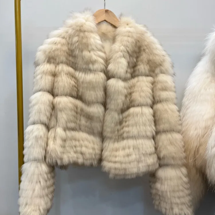 【悦己】新款奶茶色狐狸毛车条皮草外套v领显瘦百搭