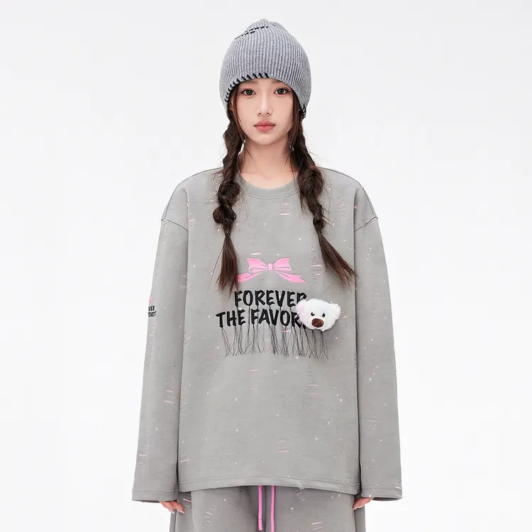 TSMLXLT蝴蝶结刺绣卫衣女2025秋冬新款圆领可拆卸小熊卫衣上衣