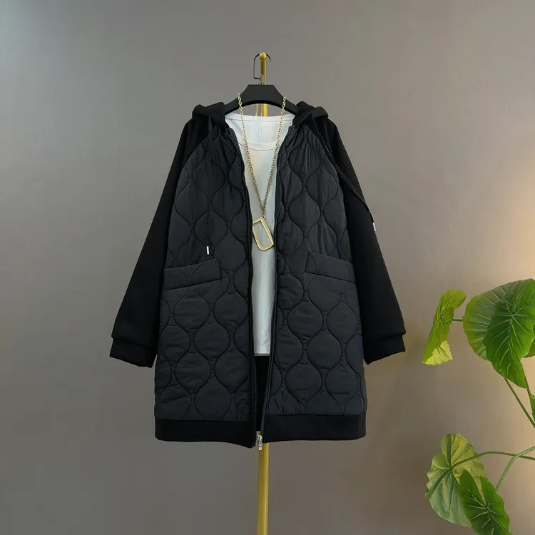 早冬季胖mm新款时尚连帽拼接菱形中长款宽松加厚大码女装棉服