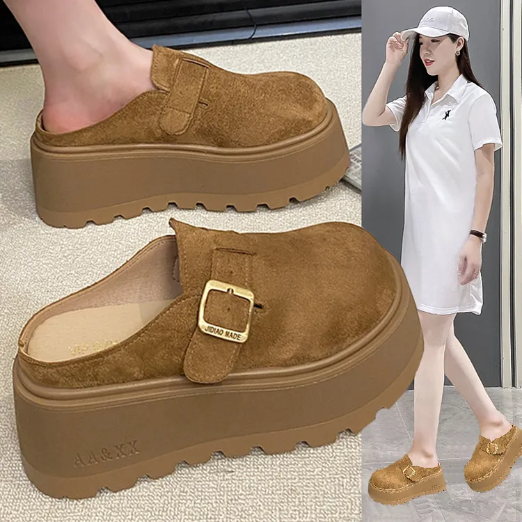 小个子松糕厚底7cm勃肯鞋女2025秋季包头半拖鞋潮外穿无后跟单鞋