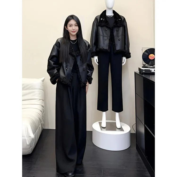 设计感气质拼接毛毛翻领外套女2025新款秋冬新款两面可穿显瘦上衣