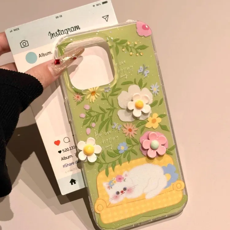 ins花朵沙发猫咪手机壳适用苹果15华为OPPOvivo小米IMD少女可爱gk
