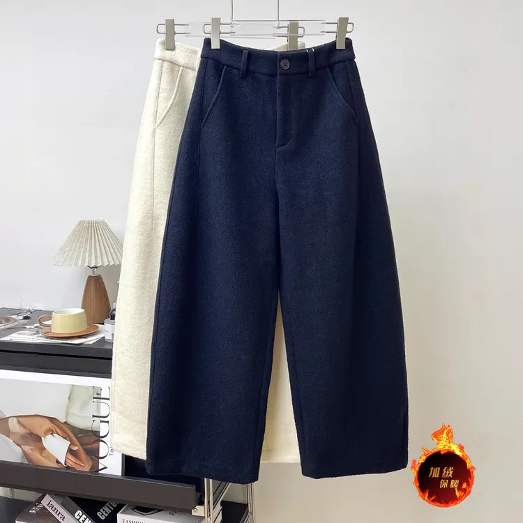 高级感复古咖色八分羊毛呢阔腿裤女冬加绒新款宽松显瘦软糯直筒裤