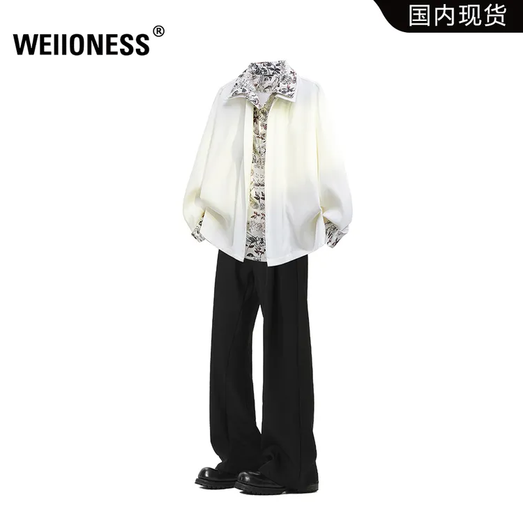 WEIIONESS假两件衬衫套装男春秋季痞帅设计感衬衣垂感西裤两件套