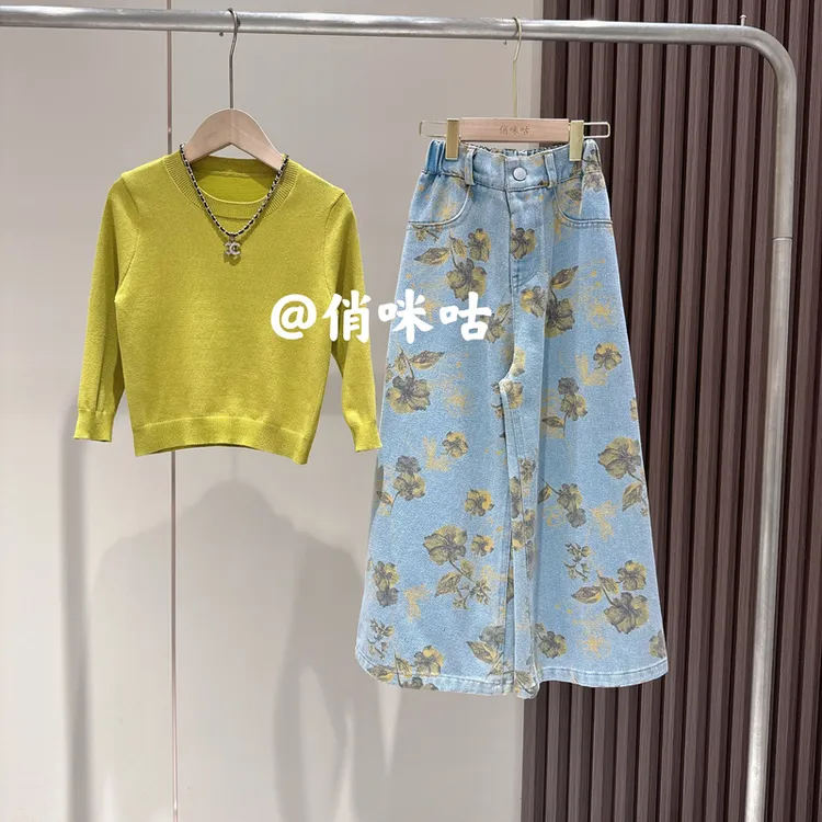 女童秋季新款装时尚个性长袖休闲针织衫上衣花朵阔腿牛仔裤两件套