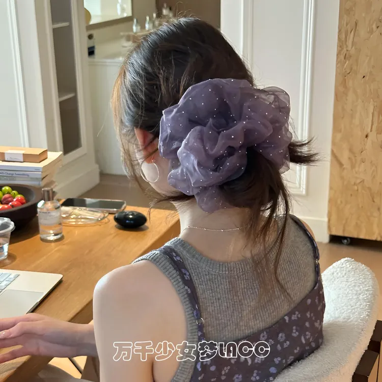 浪漫满屋～春夏韩系烫钻网纱大号低马尾大肠发圈女复古百搭头绳