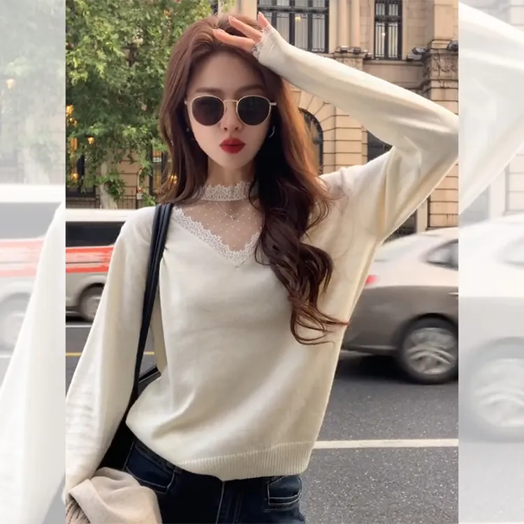 别致独特漂亮白色内搭小衫蕾丝半高领针织衫女秋冬洋气高贵上衣服