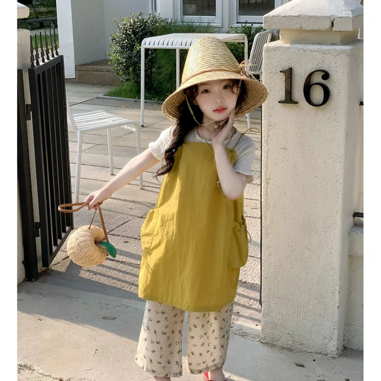 壹妈童装女童短袖套装夏2025新款夏季女宝时尚时髦黄色背带裤