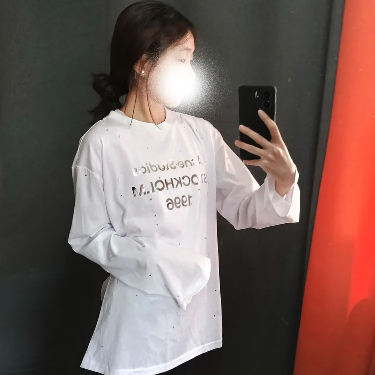南油直供高板AN字母印花烫钻圆领镶钻长袖高级感休闲百搭宽松白色