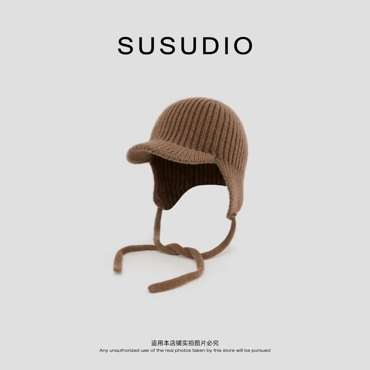 SUSUDIO 100羊毛 冬季显脸小绑带针织护耳飞行雷锋帽 20112