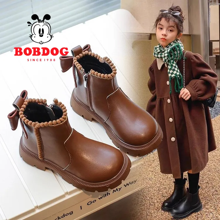 巴布豆女童靴子公主鞋2025新款秋冬软底蝴蝶结儿童新款洋气马丁靴