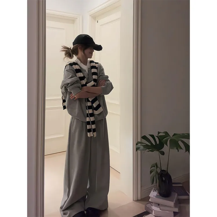 秋冬季新款长袖卫衣条纹披肩洋气休闲装高腰阔腿裤拖地裤三件套
