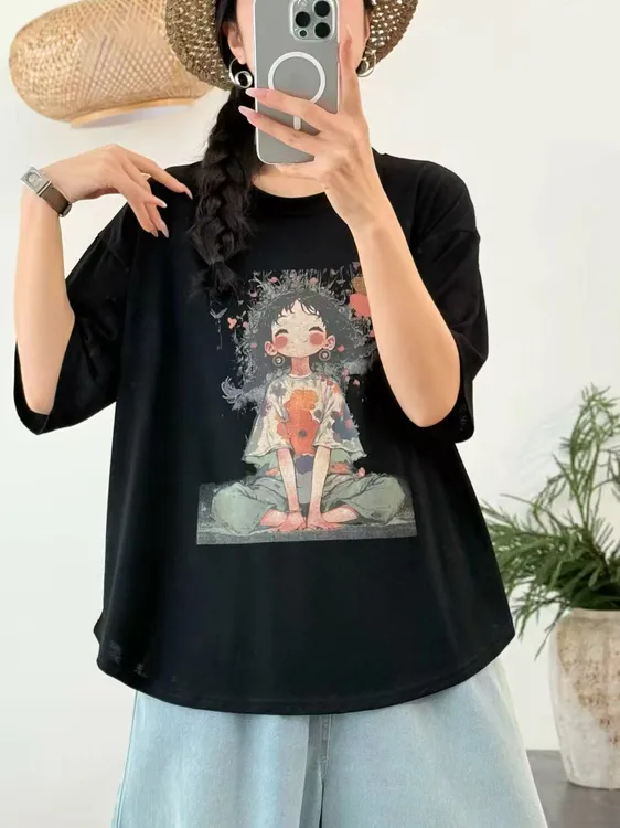 复古港风印花短袖T恤休闲卡通t恤夏季休闲时尚韩版圆领