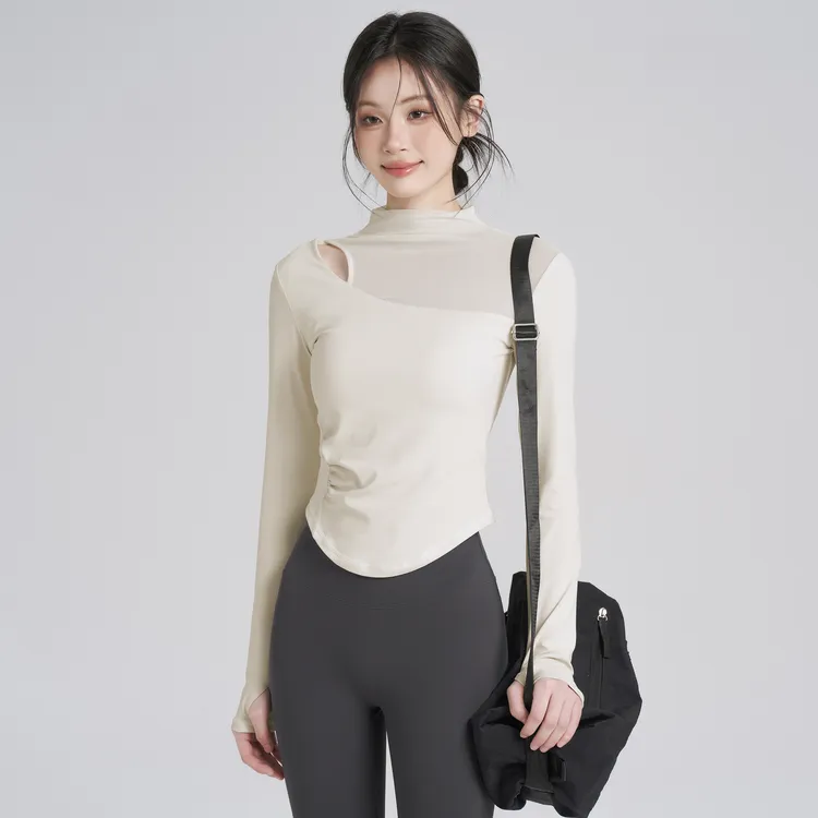 岚纹带胸垫健身服女气质设计感网纱拼接瑜伽上衣显瘦运动长袖t恤