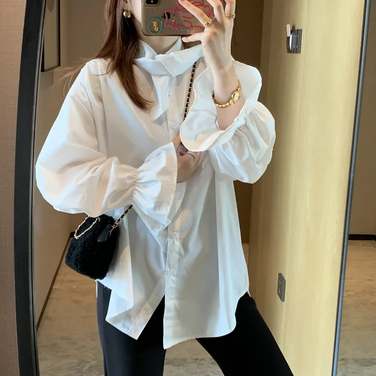 2025秋季新款法式系带设计感喇叭袖白色衬衫宽松单排多扣长袖上衣