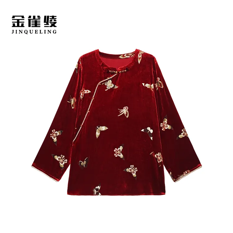 金雀绫【灵蝶织梦】100桑蚕丝丝绒新中式加宽加大上衣SZA1SY841