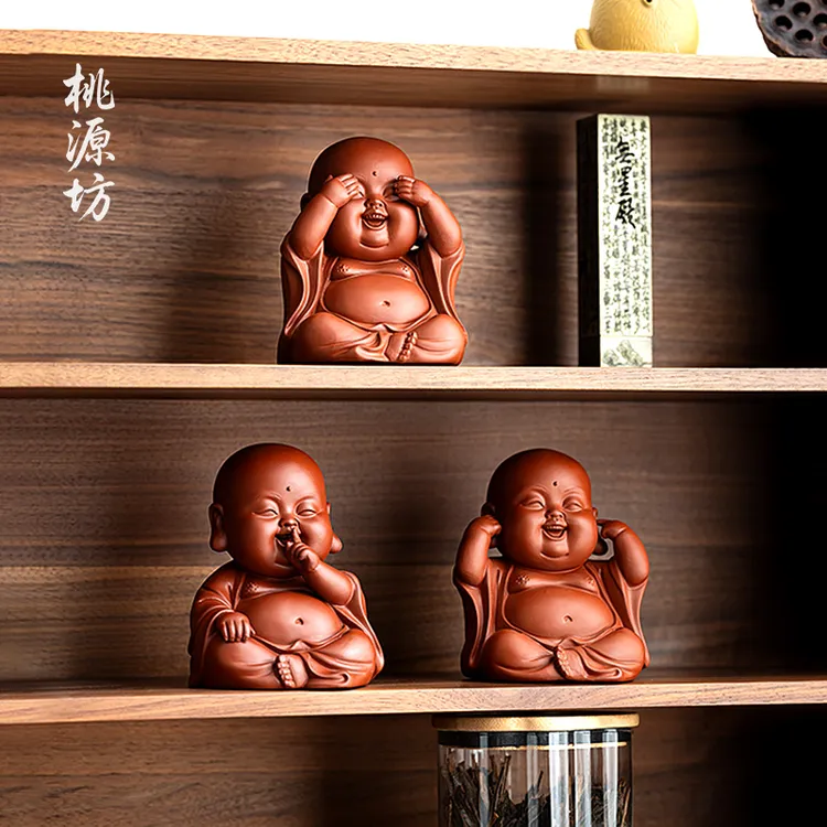 紫砂三不弥勒佛茶宠可爱小和尚茶室禅意桌面装饰品摆件精品可养