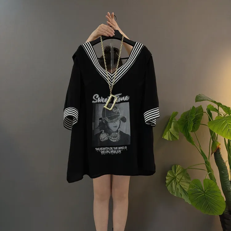 V领中长款长款落肩袖短袖速干美背T恤拼接时尚大码夏季