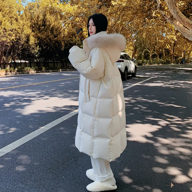 米白色大毛领羽绒棉服女2025冬季新款时尚洋气加厚中长款棉衣棉袄