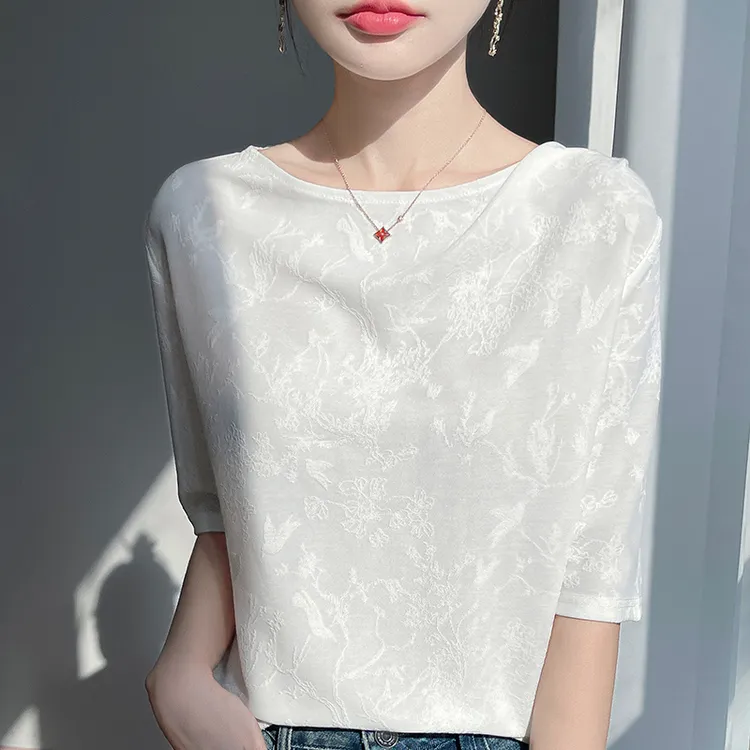 新中式夏季薄款莱赛尔T恤短袖女宽松一字领半袖打底外穿中袖上衣