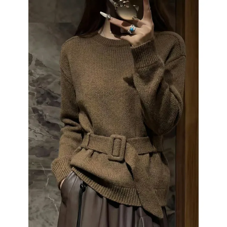 咖色套头毛衣女士秋冬慵懒高级感减龄内搭收腰系搭保暖针织衫上衣