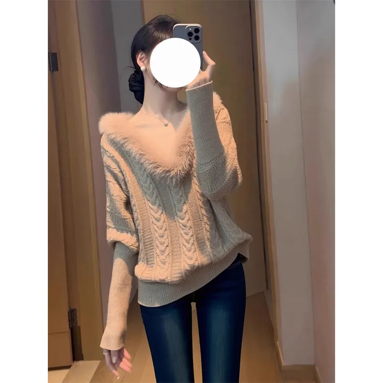 高级感超好看气质V领毛毛针织衫新款时髦大码设计感慵懒显瘦毛衣