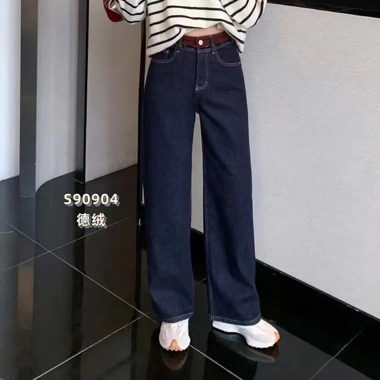 新款直筒植绒牛仔裤90904