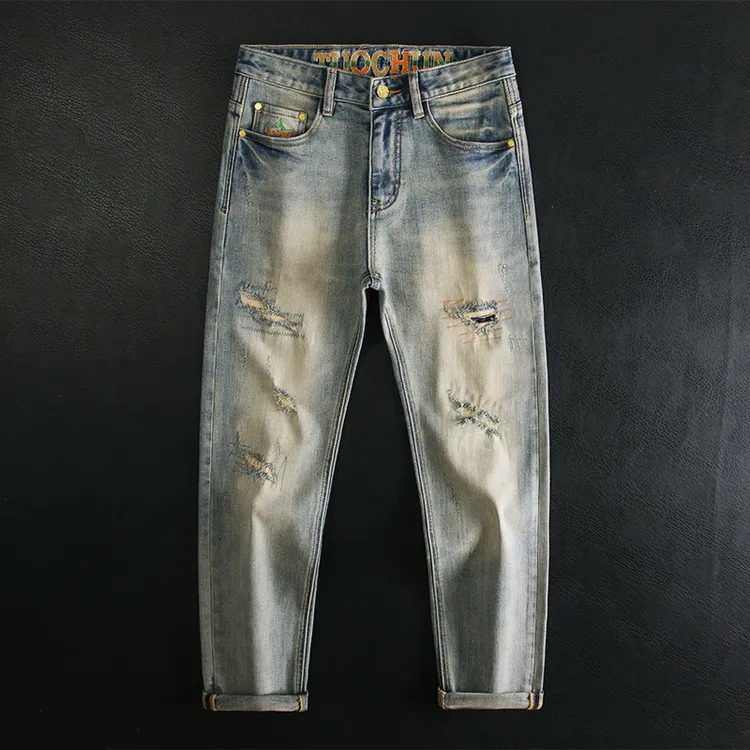 复古浅蓝补丁破洞牛仔裤男潮牌痞帅刮烂修身小脚弹力做旧秋冬款