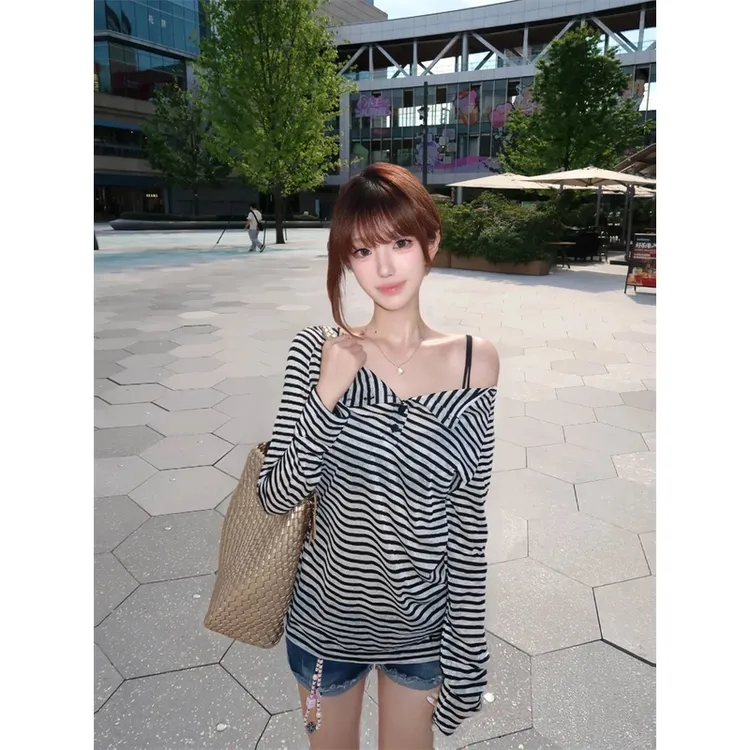 【ZHAP】慵懒风长袖t恤女夏季宽松显瘦设计感薄款条纹防晒罩衫甜美