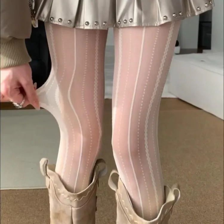miu奶白色丝袜薄防勾丝不掉档纯欲蕾丝竖条纹花纹内搭裤袜女春秋