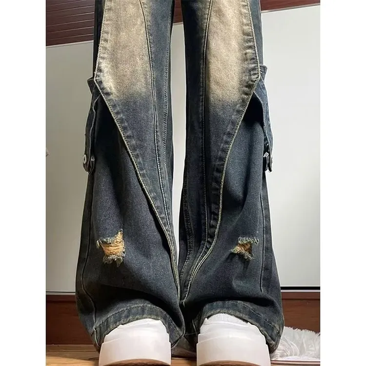 美式高街潮牌青春时尚百搭直筒复古做旧水洗拼接设计飘带牛仔裤子