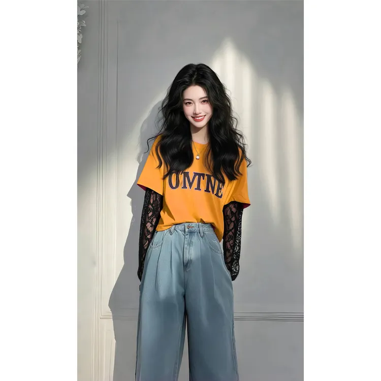 2025新款爆款设计感韩系假两件上衣橙色蕾丝拼袖长袖t恤女春季