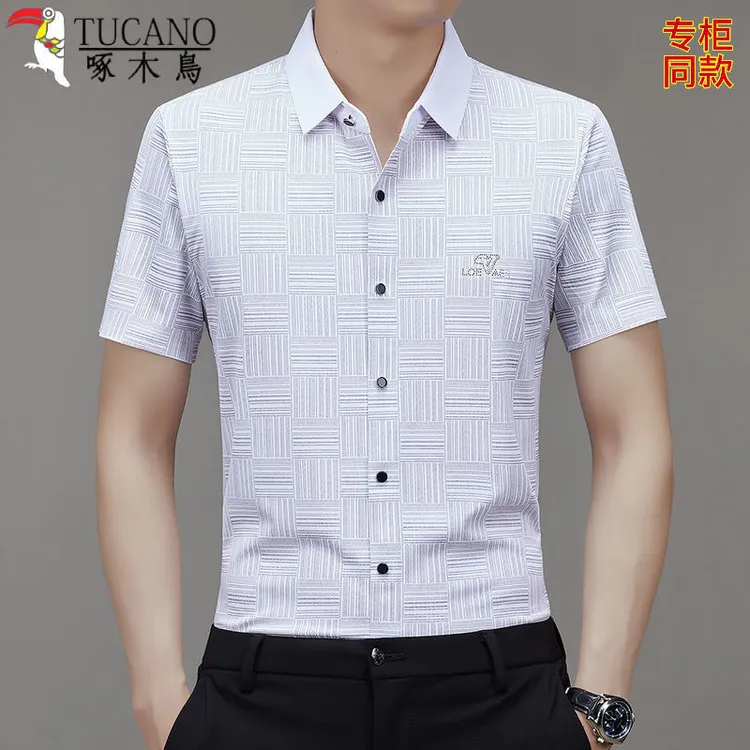 啄木鸟正品高档冰丝男士衬衫短袖夏季新款商务休闲高弹力抗皱衬衣