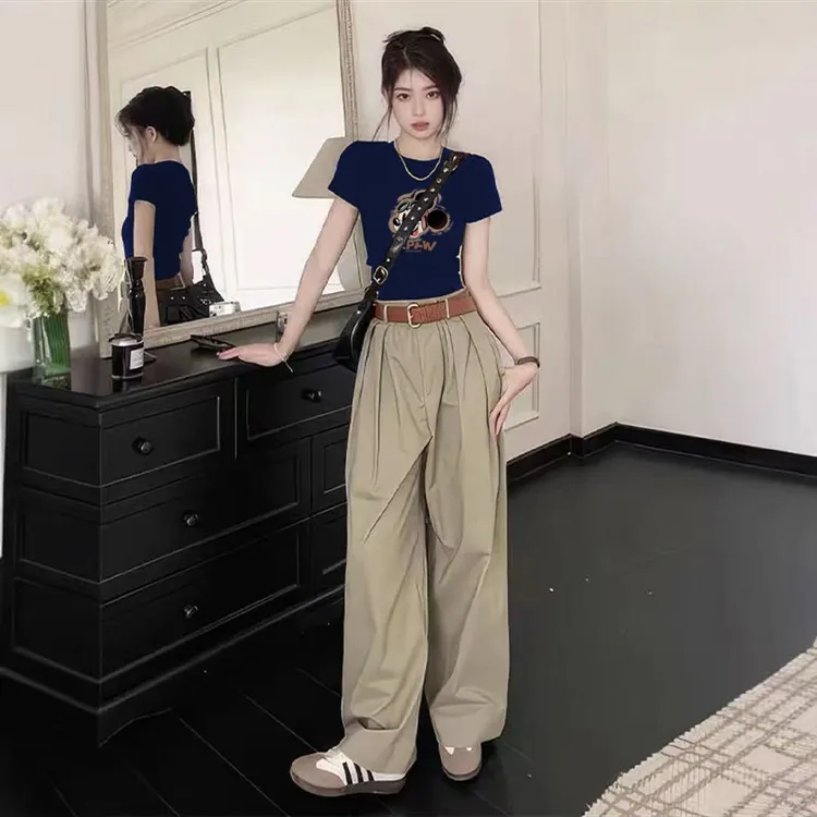 2025新款正肩圆领短袖t恤女藏青色夏季设计感修身短款上衣洋气ins