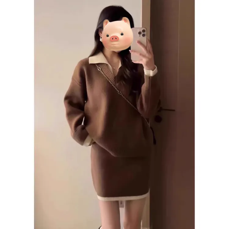 巨好看的深冬装韩系穿搭一整套小香风撞色翻领毛衣半身裙两件套装
