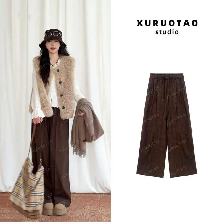 XURUOTAO【雅丹裤】阳离子棉感松紧高腰设计百搭咖色休闲裤 T6068