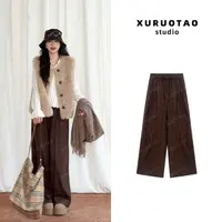 XURUOTAO【雅丹裤】阳离子棉感松紧高腰设计百搭咖色休闲裤 T6068
