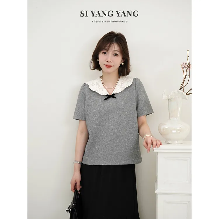 SIYANG高温烫钻亲肤舒适新款大翻领经典花灰气质T恤SY503A054SYY