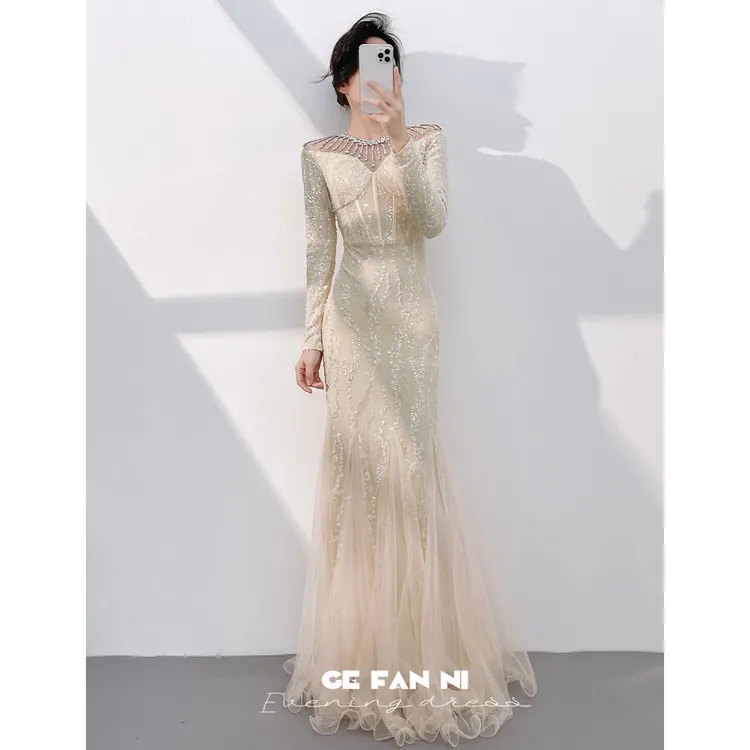 高端年会晚礼服女2025新款高级感宴会气质香槟色主持人鱼尾裙长袖