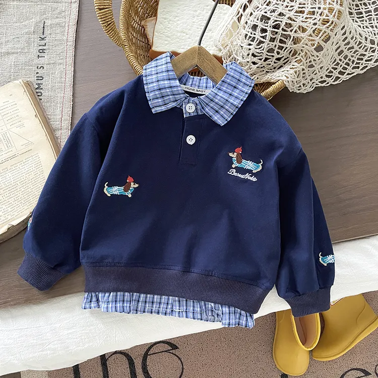 卡通风男女格子套头男童polo领卫衣韩版polo休闲风新款儿童单件上