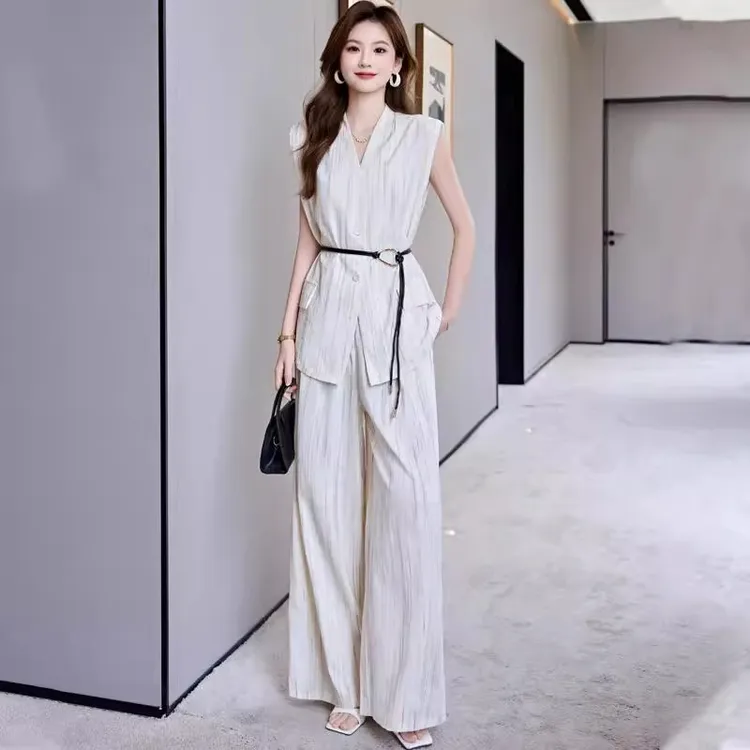 2025夏季新款时尚气质御姐条纹系带无袖上衣马甲收腰阔腿裤两件套