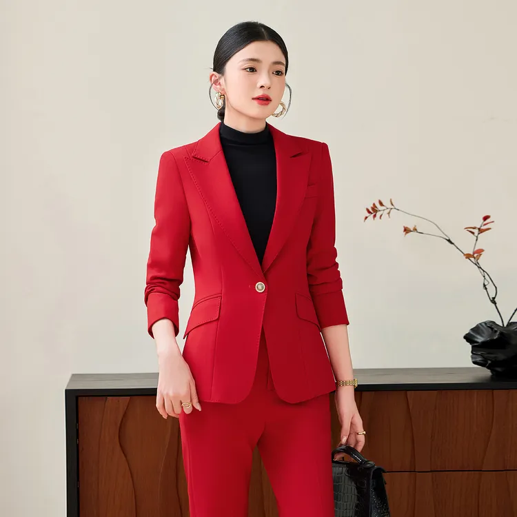红色西装套装女2025秋季新款气质高端主持人职业装正装休闲工作服