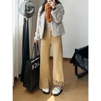 卡其色加绒牛仔裤女款爆款2025新款冬季加厚保暖高腰直筒阔腿裤子