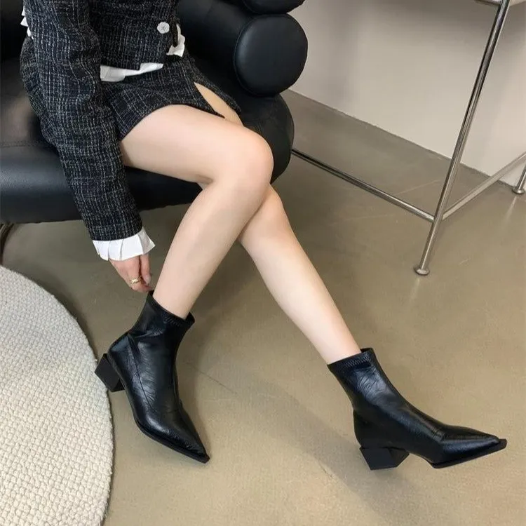 复古2025年新款女弹力瘦瘦靴女美式风尖头粗跟短筒靴中跟套筒短靴