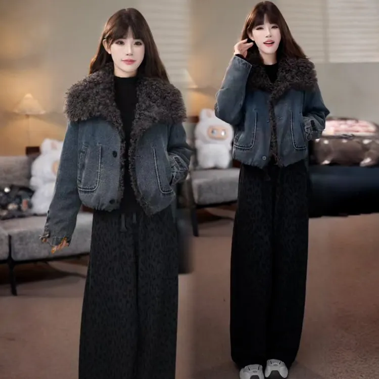 拉夏贝尔复古牛仔短外套女2025新款宽松加厚保暖羊羔毛翻领拼接