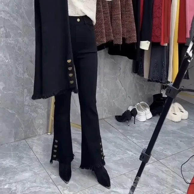 新款高腰修身显瘦微喇叭高弹裤时尚百搭黑色网红秋季休闲裤长裤