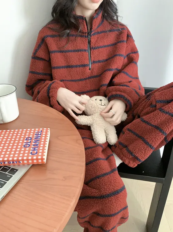 韩系简约风条纹拉链翻领珊瑚绒睡衣女冬季新款加厚保暖家居服套装