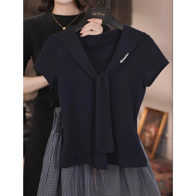 韩系穿搭时尚套装女修身显瘦海军领短袖上衣格子半身裙两件套0971