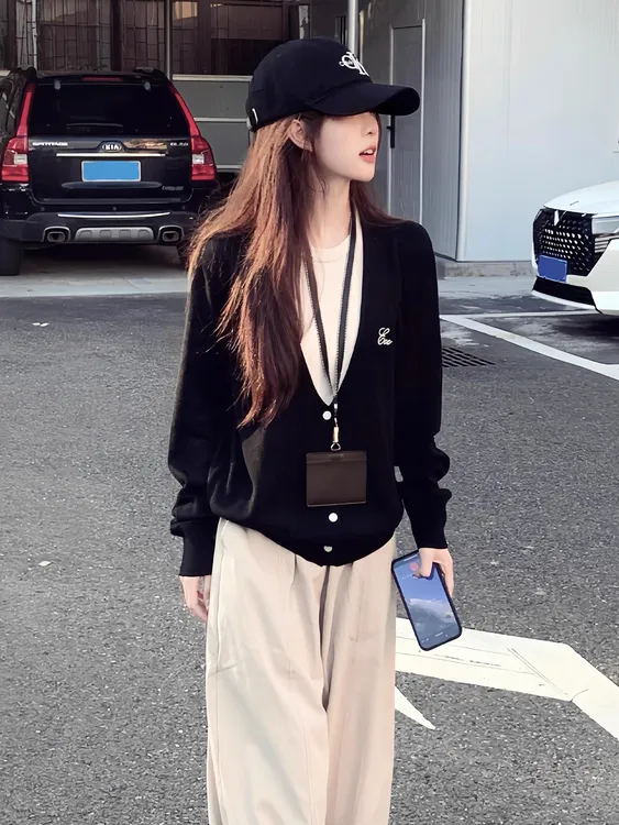 韩系假两件针织开衫女早秋季穿搭撞色长袖毛衣宽松慵懒风轻奢上衣